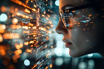 Poster - A woman wearing glasses interacts with a digital interface, with reflections of interface elements and code showcasing a modern technological environment.