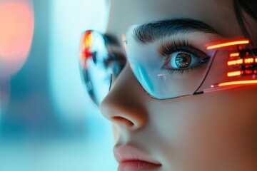 Poster - A woman wearing high-tech glasses gazes intently, reflecting futuristic technology and a visionary perspective, set in a vibrant and colorful background.