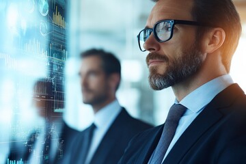 Poster - A businessman in a suit, with glasses, examines a digital display of complex financial data on screens, symbolizing corporate leadership and analytical insight.