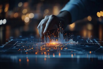 Poster - A dynamic image of a hand manipulating virtual data points in a holographic digital visualization, representing innovation, technology, and data interaction.