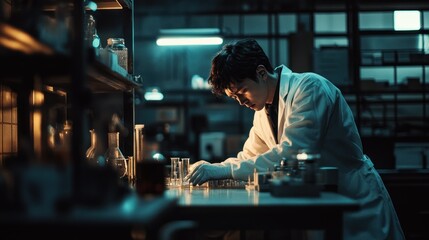 Poster - A scientist in a lab coat examines glassware with a focused expression