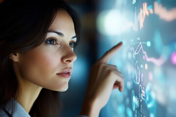 Poster - The image portrays a woman engaged in interacting with complex data on a digital display, exemplifying modern technology, focus, and data science expertise.