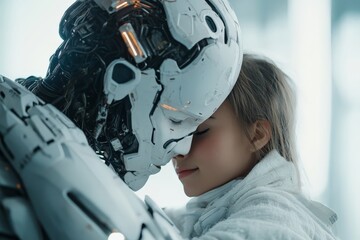 Poster - A touching moment between a futuristic robot and a young human, symbolizing harmony between technology and emotion, captured in a serene, luminous setting.