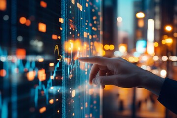 Poster - An interactive digital stock market interface with a hand pointing towards fluctuating data, symbolizing financial decision-making, advancement, and technological savvy.