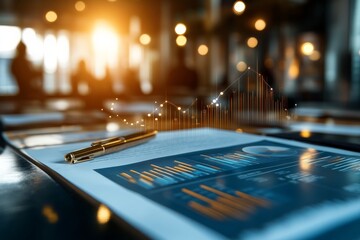 Poster - A pen placed on top of data charts showcases an illuminated workspace, suggesting analysis, business insights, and decision-making processes in progress.