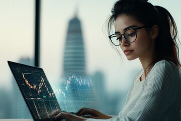 Poster - a young woman in eyeglasses concentrating on trading graphs on her laptop, showcasing precision, foc