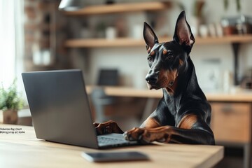 Poster - A cute dog sitting attentively at a wooden desk using a laptop, in a home office setup that conveys comfort, intelligence, and humor in everyday life.