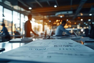 Poster - A busy office environment with papers and documents detailing plans spread across a desk, capturing focus, organization, and teamwork in a professional setting.