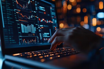 Poster - A person closely analyzing stock market graphs on a laptop, representing analysis, finance, decision-making, and real-time economic trends in a digital era.