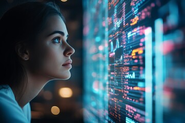 Poster - A person intently analyzing colorful digital data on a large screen, symbolizing analysis, intelligence, technology, and the art of data interpretation.