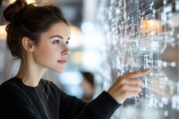 Poster - A woman stands engaged with a high-tech virtual interface, her finger pointing precisely as she navigates complex digital schematics in a modern technology setting.
