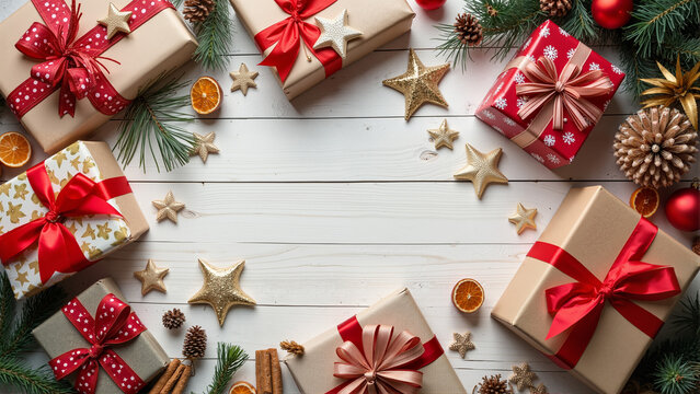 Festive Christmas Flat Lay with Gifts, Decorations, and Cozy Elements on a Wooden Background