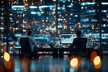 Poster - In an illuminated city office, two professionals work collaboratively on computers examining detailed data and graphs, representing teamwork and data analysis.