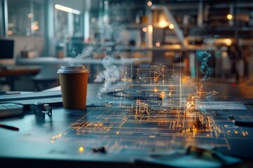 Poster - A digital blueprint projected above a desk with a coffee cup, signifying technology-driven innovation and creativity in a modern work environment.