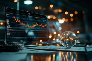 Poster - A glowing globe sits beside a digital screen displaying stock market trends in an ambient setting, suggesting globalization and advanced financial systems.