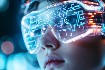 Poster - Close-up of a woman immersed in virtual reality, with neon-lit circuits reflected in VR headset showing innovation and technological advancement in digital experiences.