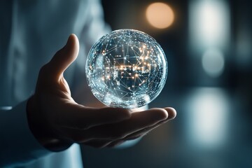 Poster - A person holds a glowing, interconnected digital globe representing networking and communication, symbolizing global connection through technology and innovation.