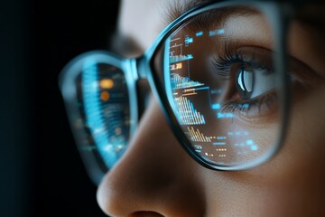 Poster - A woman's glasses reflect data charts, signifying the merging of technology and human analytics, insight into future and connected, data-driven societies.