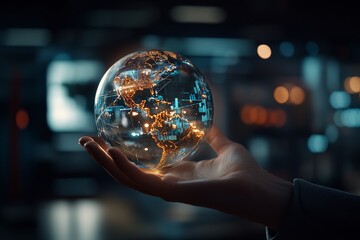 Poster - a human hand holds a holographic globe with illuminated network lines and digital graphics, represen