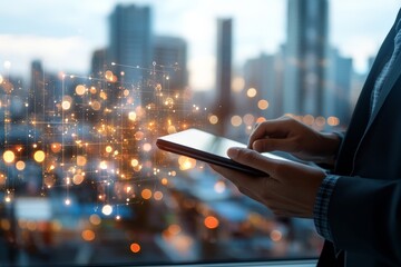 Poster - Person using a digital tablet in a cityscape with floating luminous network particles, representing seamless connectivity and information flow in technology age.