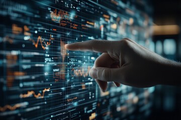 Poster - A hand interacts with a digital dashboard filled with data visuals, symbolizing technological advancement, user engagement, and interactive data analysis.