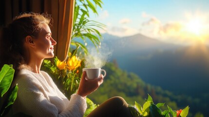 woman sits peacefully by a window, savoring a warm drink and admiring a breathtaking mountain view during sunrise, enveloped by vibrant plants and flowers