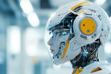 Poster - A highly detailed futuristic robot displays its elaborate mechanical design, showcasing advanced technology and precision against a sleek, modern backdrop.