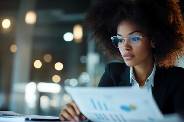 Poster - A woman wearing glasses studies a chart or report in a dimly lit office, reflecting focus and dedication, with a blurred light backdrop hinting at a formal environment.