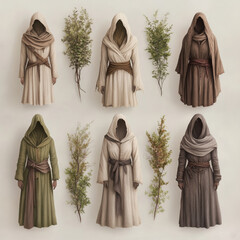 Medieval hooded robes with natural elements: a study in textures and colors