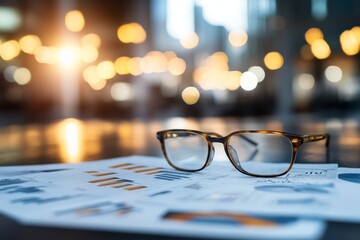 Poster - A pair of eyeglasses rests on a financial report amidst blurred lights in a modern office, symbolizing focus and attention to detail in business analysis.