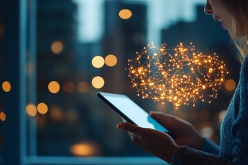 Poster - a person holding a digital tablet displaying an abstract glowing network, representing connectivity,