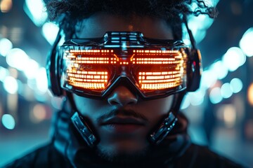 Poster - A person wearing striking, glowing futuristic glasses amid a vibrant city backdrop, representing advanced technology, the future, and high-tech innovation.