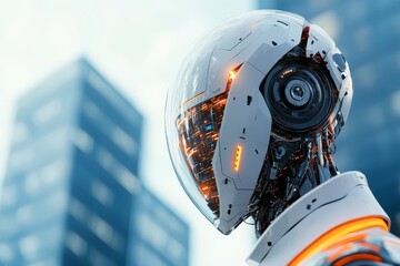 Poster - A futuristic robotic figure with a transparent head reveals complex, illuminated circuitry, standing against a backdrop of modern skyscrapers, highlighting technology.
