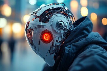 Poster - A futuristic robotic head with a glowing red eye, surrounded by intricate circuitry, capturing the essence of advanced technology and innovation.