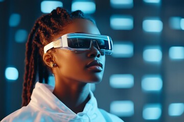 Poster - An individual wears sleek and futuristic glasses standing against a high-tech neon-lit background, illustrating modern advancements in wearable technology.