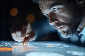 Poster - A concentrated man uses a stylus to interact with a futuristic holographic screen interface, focusing on tech innovation and immersive content creation.