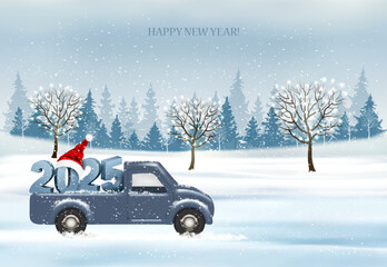 Poster - Holiday Christmas and Happy New Year background with with evening landscape and blue car with 2025 numbers and Santa hat. Winter illustration, banner, vector