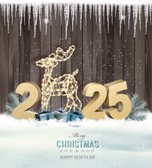 Poster - Merry Christmas and Happy New Year Holiday background with gift boxes, glowing deer and golden 2025 numbers. Vector.