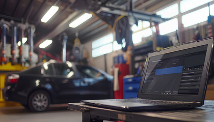 Wall Mural - Laptop torque figures and horsepower is the engine of the vehicle for diagnostics and configuration. Diagnostic machines is ready for use with the car. Broken car in auto repair shop. Auto service