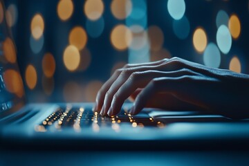 Poster - Photograph showing hands typing on a laptop with a softly focused bokeh light effect in the background, creating a warm and creative atmosphere.