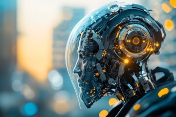 Poster - An intricate robotic profile with transparent mechanical parts and glowing elements, exemplifying a futuristic and technologically advanced design.