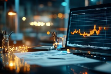 Poster - A laptop screen glows with financial charts and data, signifying technology, data analysis, financial insight, and modern business trends and strategies.