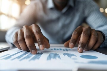 Poster - A person in business attire reviews financial charts and graphs on paper, symbolizing analysis, strategy, and decision-making in a corporate environment.