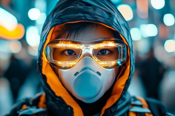 Poster - A person in glowing futuristic glasses and a mask is illuminated by neon lights, suggesting innovation, the future, and digital influence in a modern world.