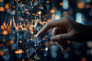 Poster - A hand reaches towards and interacts with dynamic, futuristic data visualizations that dominate the digital screen, emphasizing data engagement and tech proficiency.