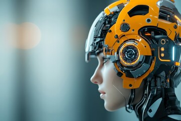 Poster - A detailed side profile view of a cybernetic helmet, featuring complex mechanical components, showcasing the intersection of human intelligence and robotic technology.