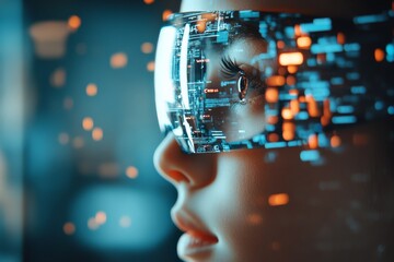 Poster - A close-up profile of an eye with futuristic digital visor technology, symbolizing cutting-edge innovation and human connection to advanced digital interfaces.