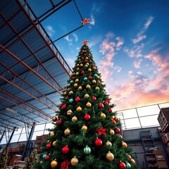 Wall Mural - christmas tree with colorful ornaments and twinkling lights in warehouse christmas tree holiday wint