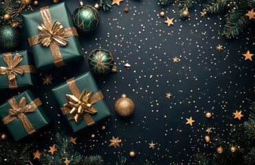 Wall Mural - Festive arrangement of green gift boxes with golden accents and pine branches on dark background