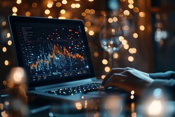Poster - A person is working on a laptop, analyzing complex data visualizations with graphs and charts in a dimly lit, ambient environment filled with lights.